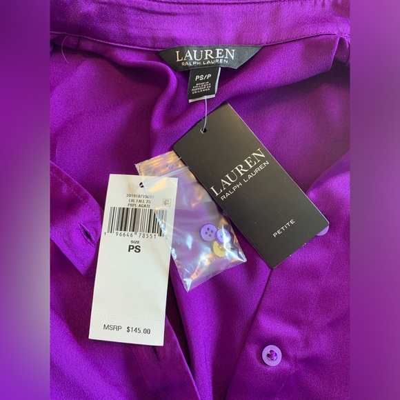 NWT Lauren Ralph Lauren Black Label Purple Satin Blouse PS Petite Small - Picture 6 of 7